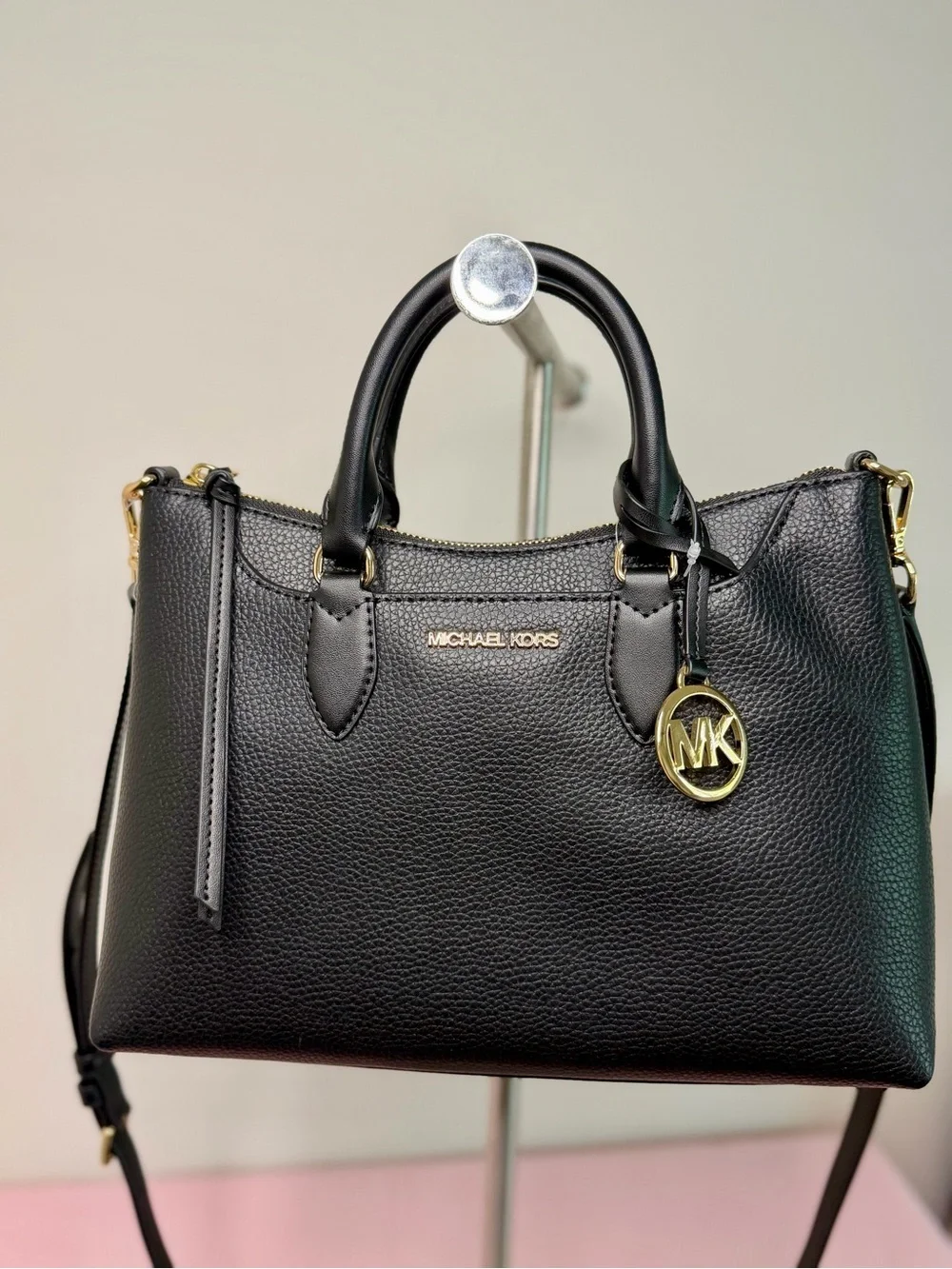 Michael Kors Black Pebbled Leather Dome Satchel with Gold Hardware